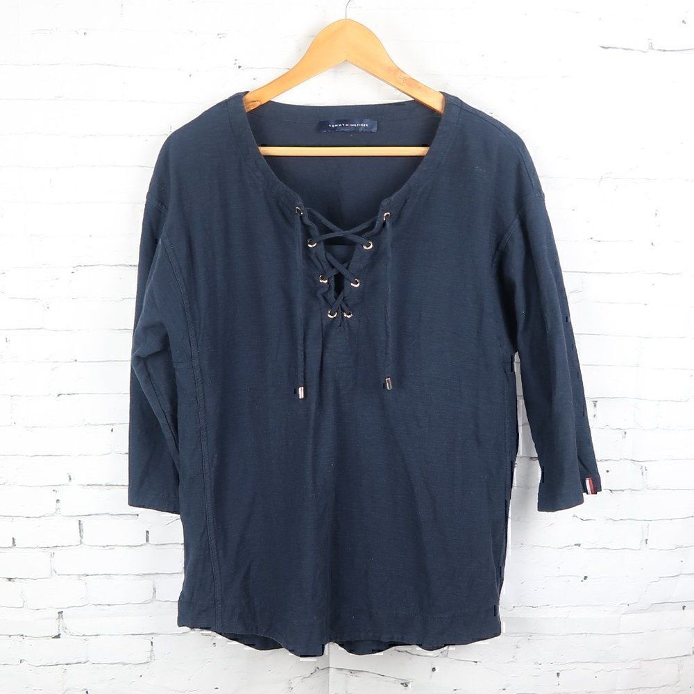 TOMMY HILFIGER BLUE 1/2 SLEEVE V NECK WITH LACE UP DETAIL COTTON TOP SIZE SMALL